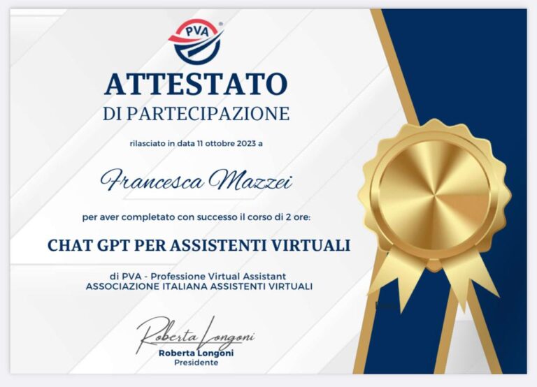 Attestato Corso Chat GPT PVA Francesca Mazzei