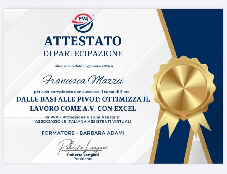 Attestato Corso Excel PVA Francesca Mazzei