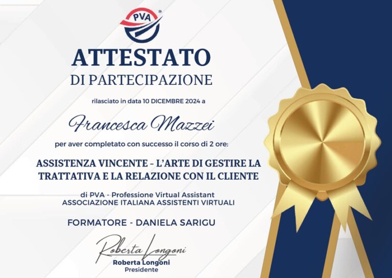 Attestato Assistenza Vincente PVA Francesca Mazzei